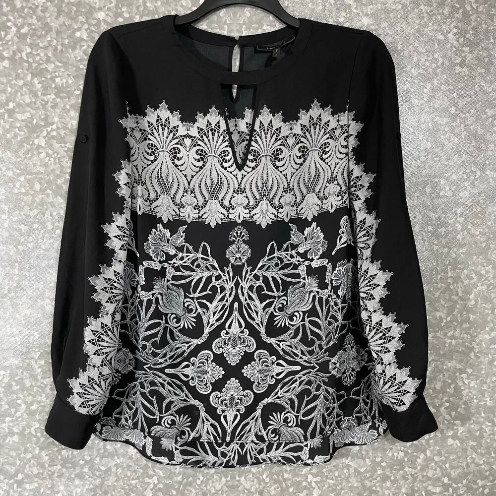 BCBGMAXAZRIA Womens Black & White Lace Print Blouse - Size Small - Romantic Goth